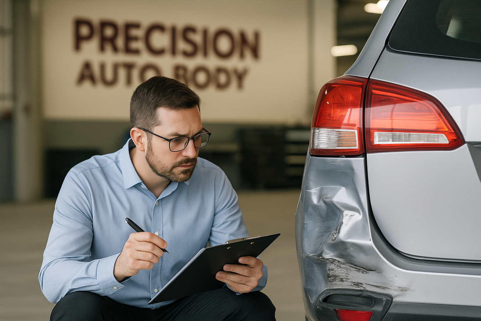 A friendly Precision Auto Body employee helping a customer with their USAA insurance claim.